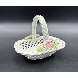 Vintage Basket Trinket Dish Cabo Spain SL Reticulated White Pink Flowers Repair